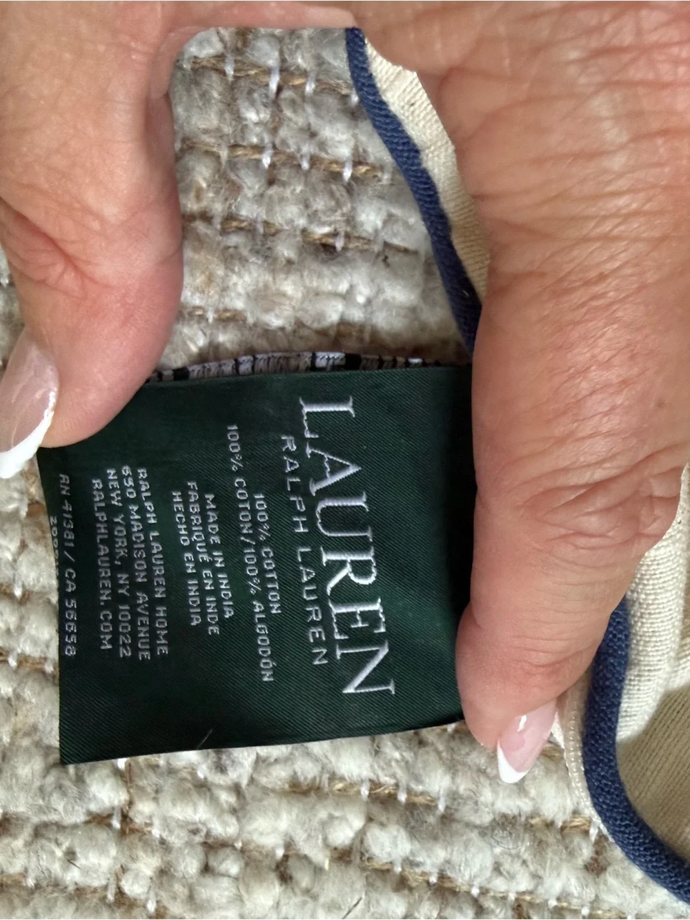 Ralph Lauren Cream Pillow Sham with Navy Trim 22”
